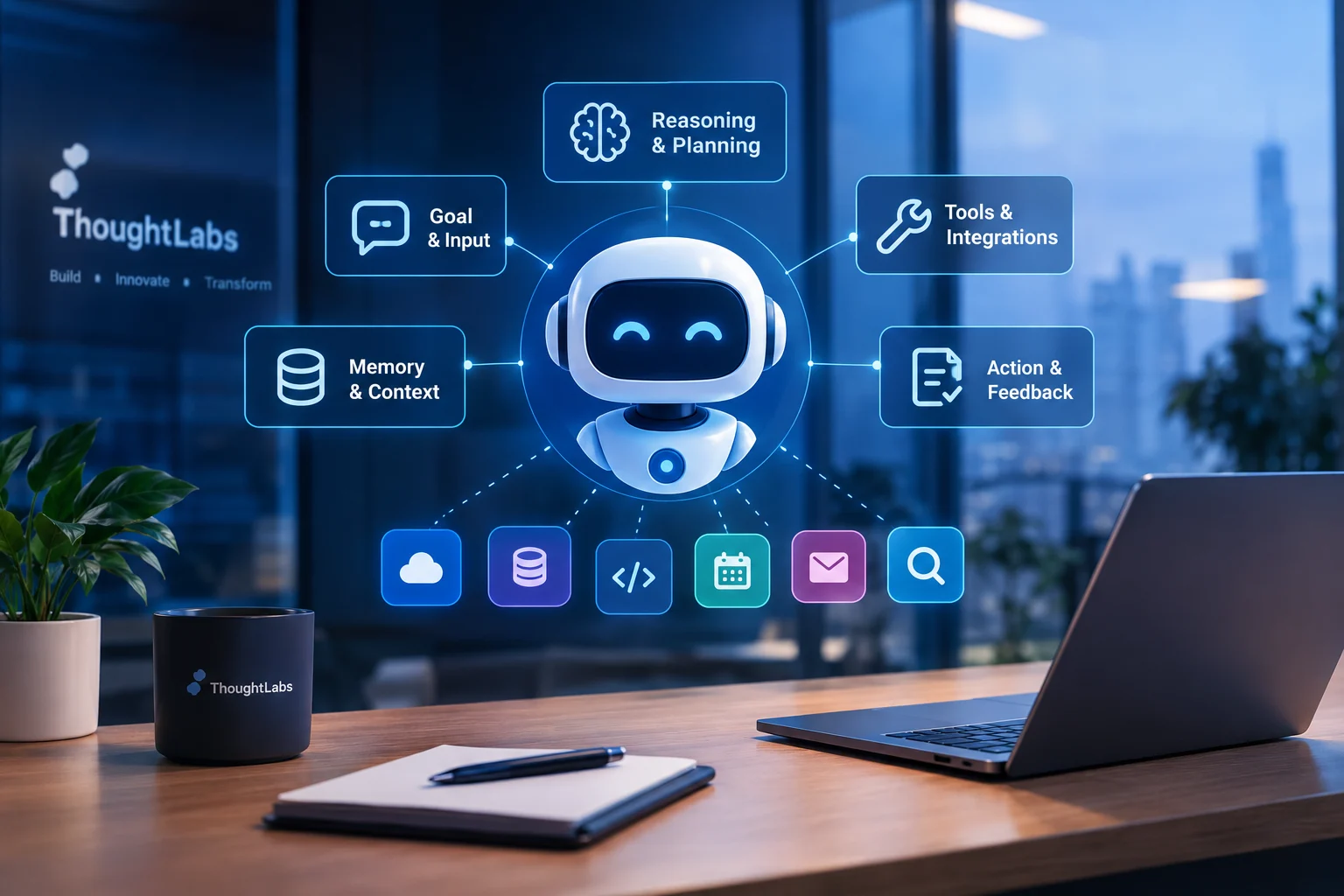 AI agent connecting reasoning, business tools and human oversight.